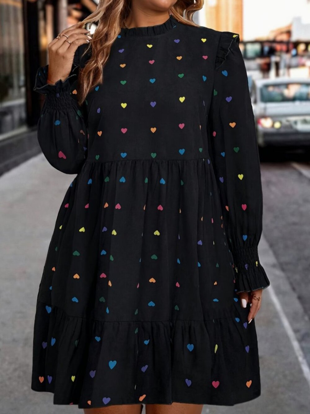 Long-Sleeve Rainbow Color Heart Print Black Dress